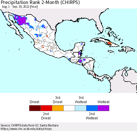 Mexico Central America and the Caribbean Precipitation Rank since 1981, 2-Month (CHIRPS) Thematic Map For 8/1/2022 - 9/30/2022