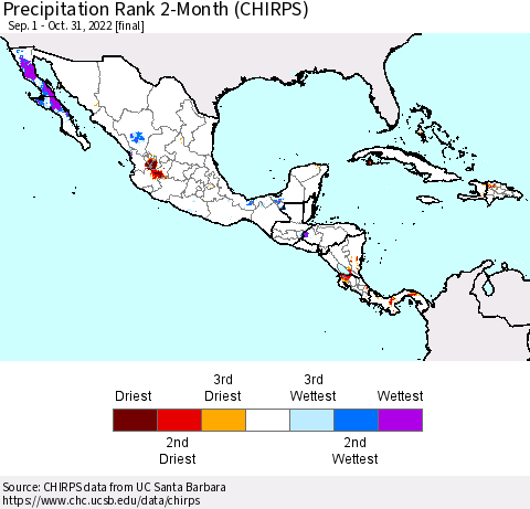 Mexico Central America and the Caribbean Precipitation Rank since 1981, 2-Month (CHIRPS) Thematic Map For 9/1/2022 - 10/31/2022