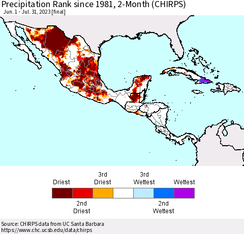 Mexico Central America and the Caribbean Precipitation Rank since 1981, 2-Month (CHIRPS) Thematic Map For 6/1/2023 - 7/31/2023
