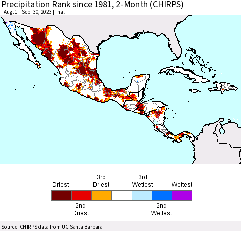 Mexico Central America and the Caribbean Precipitation Rank since 1981, 2-Month (CHIRPS) Thematic Map For 8/1/2023 - 9/30/2023