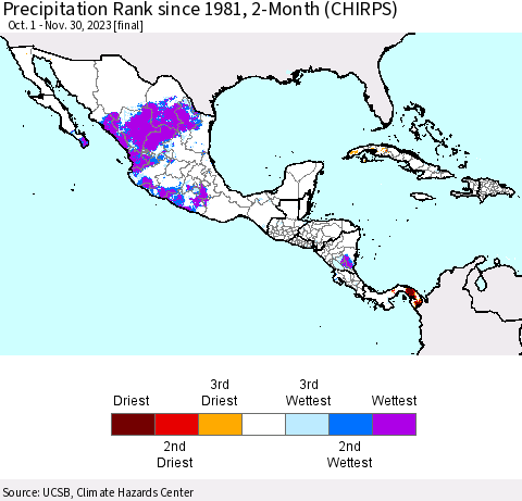 Mexico Central America and the Caribbean Precipitation Rank since 1981, 2-Month (CHIRPS) Thematic Map For 10/1/2023 - 11/30/2023