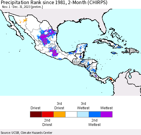 Mexico Central America and the Caribbean Precipitation Rank since 1981, 2-Month (CHIRPS) Thematic Map For 11/1/2023 - 12/31/2023