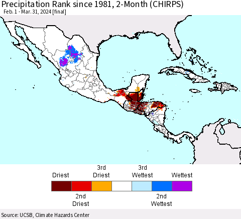 Mexico Central America and the Caribbean Precipitation Rank since 1981, 2-Month (CHIRPS) Thematic Map For 2/1/2024 - 3/31/2024