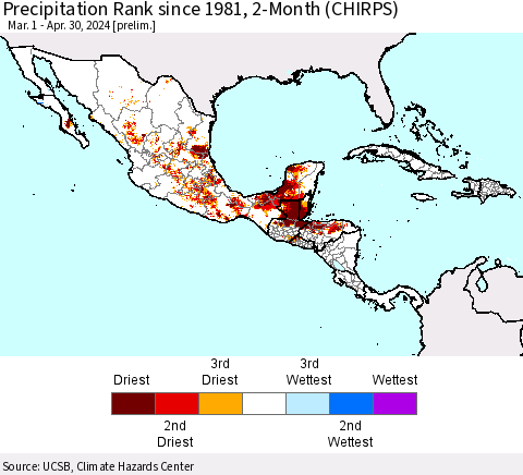 Mexico Central America and the Caribbean Precipitation Rank since 1981, 2-Month (CHIRPS) Thematic Map For 3/1/2024 - 4/30/2024