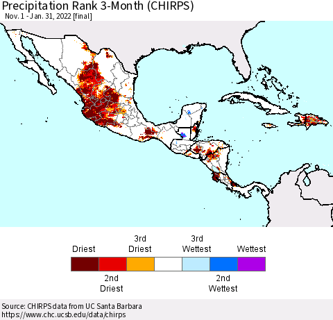 Mexico Central America and the Caribbean Precipitation Rank since 1981, 3-Month (CHIRPS) Thematic Map For 11/1/2021 - 1/31/2022