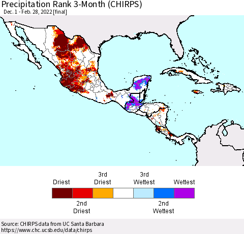 Mexico Central America and the Caribbean Precipitation Rank since 1981, 3-Month (CHIRPS) Thematic Map For 12/1/2021 - 2/28/2022