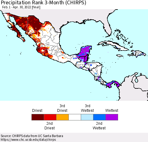 Mexico Central America and the Caribbean Precipitation Rank since 1981, 3-Month (CHIRPS) Thematic Map For 2/1/2022 - 4/30/2022