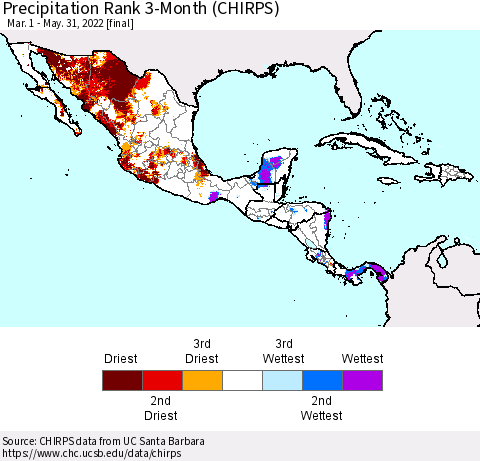 Mexico Central America and the Caribbean Precipitation Rank since 1981, 3-Month (CHIRPS) Thematic Map For 3/1/2022 - 5/31/2022