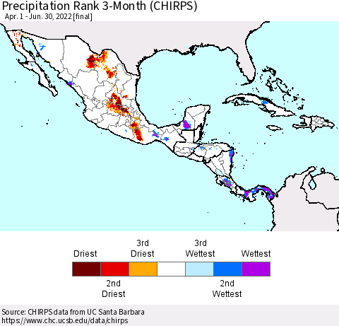 Mexico Central America and the Caribbean Precipitation Rank since 1981, 3-Month (CHIRPS) Thematic Map For 4/1/2022 - 6/30/2022