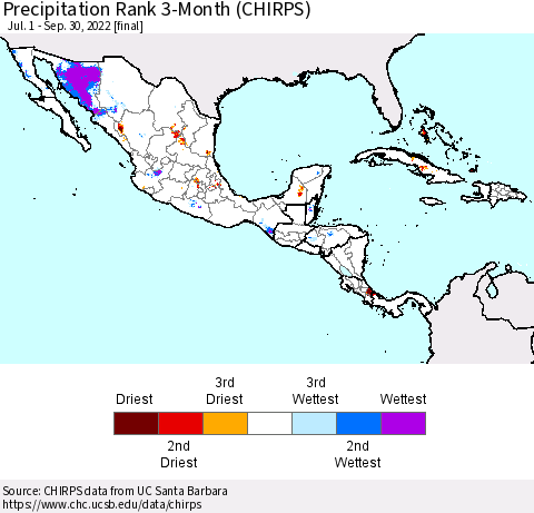 Mexico Central America and the Caribbean Precipitation Rank since 1981, 3-Month (CHIRPS) Thematic Map For 7/1/2022 - 9/30/2022