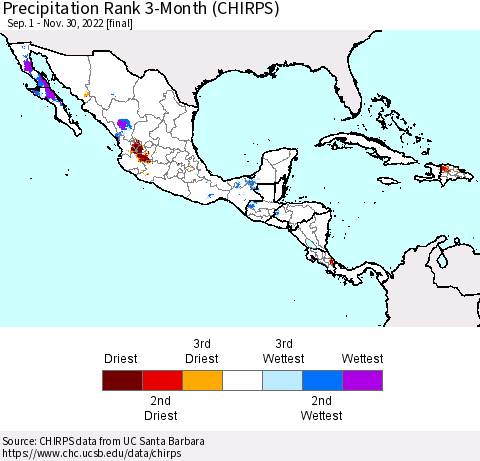 Mexico Central America and the Caribbean Precipitation Rank since 1981, 3-Month (CHIRPS) Thematic Map For 9/1/2022 - 11/30/2022