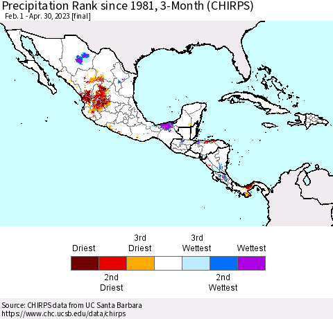 Mexico Central America and the Caribbean Precipitation Rank since 1981, 3-Month (CHIRPS) Thematic Map For 2/1/2023 - 4/30/2023
