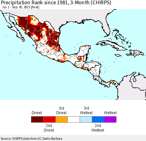 Mexico Central America and the Caribbean Precipitation Rank since 1981, 3-Month (CHIRPS) Thematic Map For 7/1/2023 - 9/30/2023
