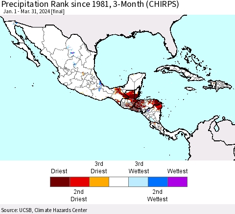 Mexico Central America and the Caribbean Precipitation Rank since 1981, 3-Month (CHIRPS) Thematic Map For 1/1/2024 - 3/31/2024