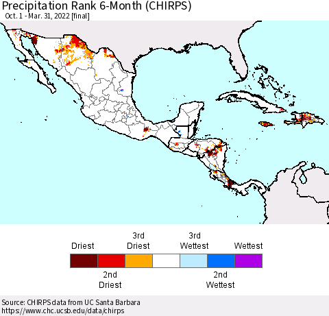 Mexico Central America and the Caribbean Precipitation Rank since 1981, 6-Month (CHIRPS) Thematic Map For 10/1/2021 - 3/31/2022