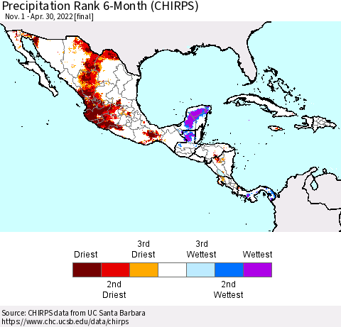 Mexico Central America and the Caribbean Precipitation Rank since 1981, 6-Month (CHIRPS) Thematic Map For 11/1/2021 - 4/30/2022