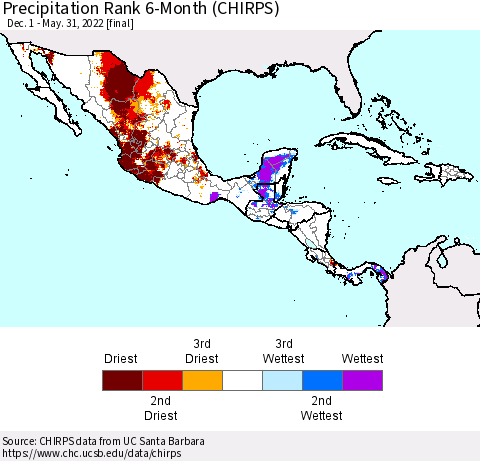 Mexico Central America and the Caribbean Precipitation Rank since 1981, 6-Month (CHIRPS) Thematic Map For 12/1/2021 - 5/31/2022