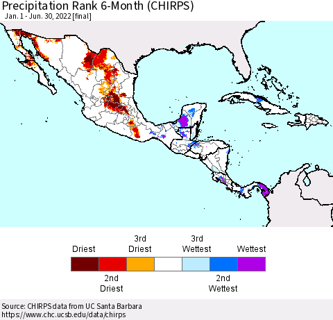 Mexico Central America and the Caribbean Precipitation Rank since 1981, 6-Month (CHIRPS) Thematic Map For 1/1/2022 - 6/30/2022