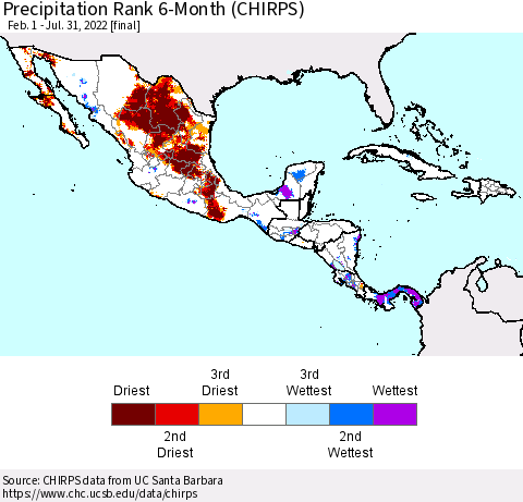 Mexico Central America and the Caribbean Precipitation Rank since 1981, 6-Month (CHIRPS) Thematic Map For 2/1/2022 - 7/31/2022