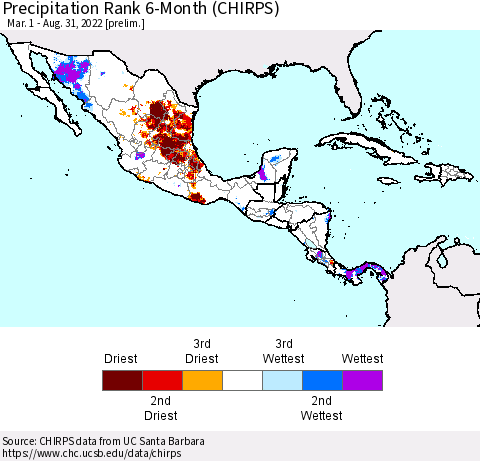 Mexico Central America and the Caribbean Precipitation Rank since 1981, 6-Month (CHIRPS) Thematic Map For 3/1/2022 - 8/31/2022
