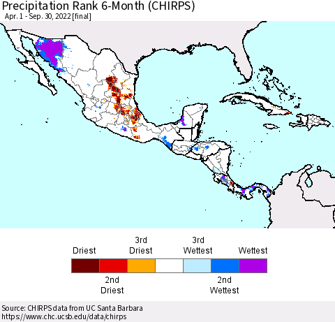 Mexico Central America and the Caribbean Precipitation Rank since 1981, 6-Month (CHIRPS) Thematic Map For 4/1/2022 - 9/30/2022