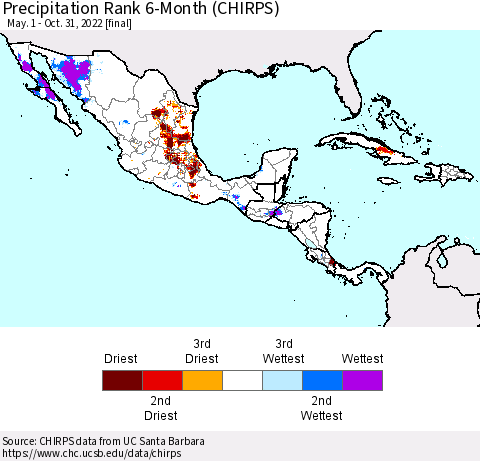 Mexico Central America and the Caribbean Precipitation Rank since 1981, 6-Month (CHIRPS) Thematic Map For 5/1/2022 - 10/31/2022