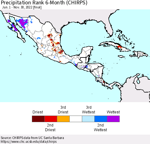 Mexico Central America and the Caribbean Precipitation Rank since 1981, 6-Month (CHIRPS) Thematic Map For 6/1/2022 - 11/30/2022