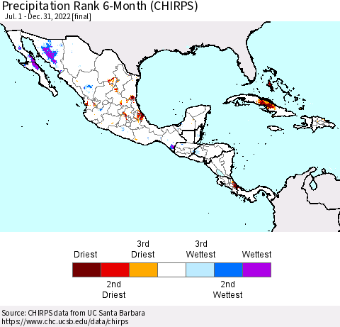 Mexico Central America and the Caribbean Precipitation Rank since 1981, 6-Month (CHIRPS) Thematic Map For 7/1/2022 - 12/31/2022
