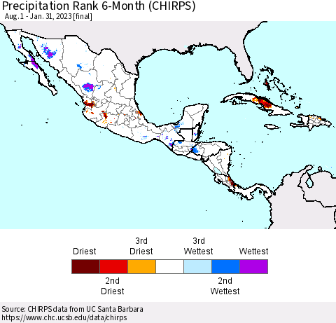 Mexico Central America and the Caribbean Precipitation Rank since 1981, 6-Month (CHIRPS) Thematic Map For 8/1/2022 - 1/31/2023