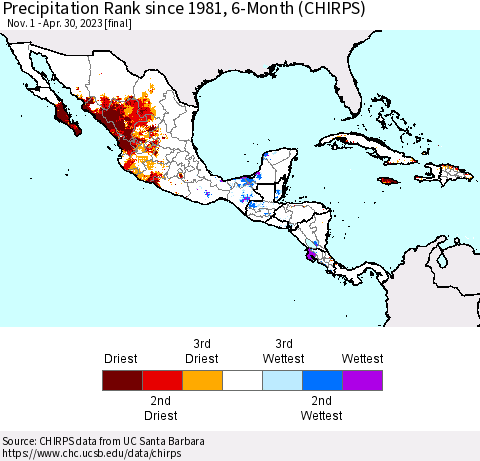 Mexico Central America and the Caribbean Precipitation Rank since 1981, 6-Month (CHIRPS) Thematic Map For 11/1/2022 - 4/30/2023