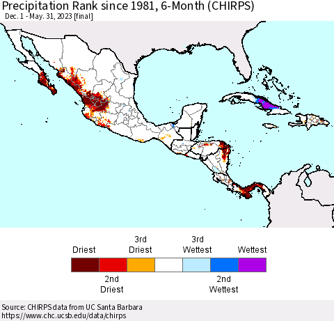 Mexico Central America and the Caribbean Precipitation Rank since 1981, 6-Month (CHIRPS) Thematic Map For 12/1/2022 - 5/31/2023