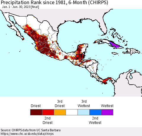 Mexico Central America and the Caribbean Precipitation Rank since 1981, 6-Month (CHIRPS) Thematic Map For 1/1/2023 - 6/30/2023