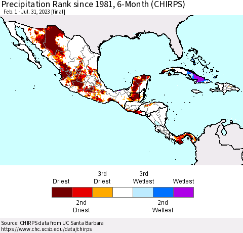 Mexico Central America and the Caribbean Precipitation Rank since 1981, 6-Month (CHIRPS) Thematic Map For 2/1/2023 - 7/31/2023