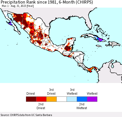 Mexico Central America and the Caribbean Precipitation Rank since 1981, 6-Month (CHIRPS) Thematic Map For 3/1/2023 - 8/31/2023
