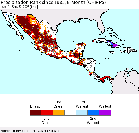 Mexico Central America and the Caribbean Precipitation Rank since 1981, 6-Month (CHIRPS) Thematic Map For 4/1/2023 - 9/30/2023
