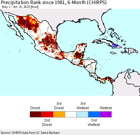 Mexico Central America and the Caribbean Precipitation Rank since 1981, 6-Month (CHIRPS) Thematic Map For 5/1/2023 - 10/31/2023