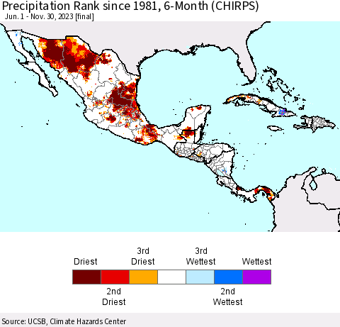 Mexico Central America and the Caribbean Precipitation Rank since 1981, 6-Month (CHIRPS) Thematic Map For 6/1/2023 - 11/30/2023