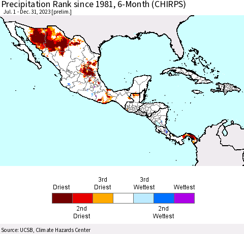 Mexico Central America and the Caribbean Precipitation Rank since 1981, 6-Month (CHIRPS) Thematic Map For 7/1/2023 - 12/31/2023