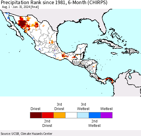 Mexico Central America and the Caribbean Precipitation Rank since 1981, 6-Month (CHIRPS) Thematic Map For 8/1/2023 - 1/31/2024