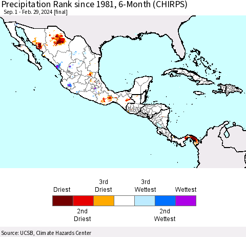 Mexico Central America and the Caribbean Precipitation Rank since 1981, 6-Month (CHIRPS) Thematic Map For 9/1/2023 - 2/29/2024