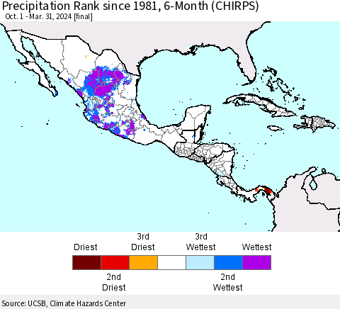 Mexico Central America and the Caribbean Precipitation Rank since 1981, 6-Month (CHIRPS) Thematic Map For 10/1/2023 - 3/31/2024