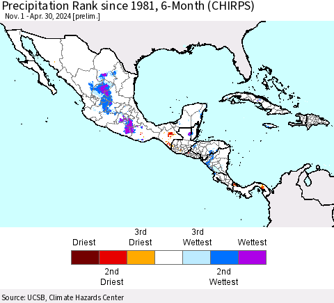 Mexico Central America and the Caribbean Precipitation Rank since 1981, 6-Month (CHIRPS) Thematic Map For 11/1/2023 - 4/30/2024