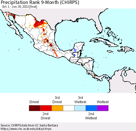 Mexico Central America and the Caribbean Precipitation Rank since 1981, 9-Month (CHIRPS) Thematic Map For 10/1/2021 - 6/30/2022
