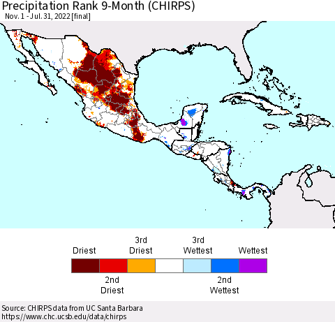 Mexico Central America and the Caribbean Precipitation Rank since 1981, 9-Month (CHIRPS) Thematic Map For 11/1/2021 - 7/31/2022