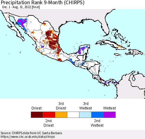 Mexico Central America and the Caribbean Precipitation Rank since 1981, 9-Month (CHIRPS) Thematic Map For 12/1/2021 - 8/31/2022