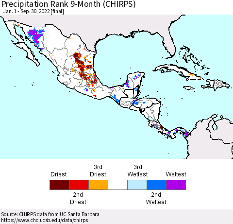 Mexico Central America and the Caribbean Precipitation Rank since 1981, 9-Month (CHIRPS) Thematic Map For 1/1/2022 - 9/30/2022