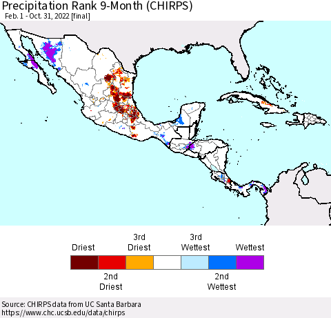 Mexico Central America and the Caribbean Precipitation Rank since 1981, 9-Month (CHIRPS) Thematic Map For 2/1/2022 - 10/31/2022