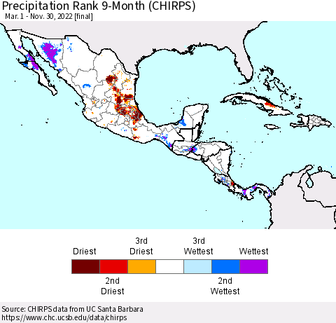 Mexico Central America and the Caribbean Precipitation Rank since 1981, 9-Month (CHIRPS) Thematic Map For 3/1/2022 - 11/30/2022