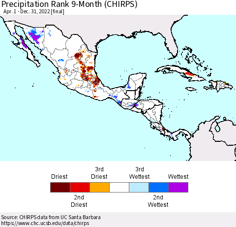 Mexico Central America and the Caribbean Precipitation Rank since 1981, 9-Month (CHIRPS) Thematic Map For 4/1/2022 - 12/31/2022
