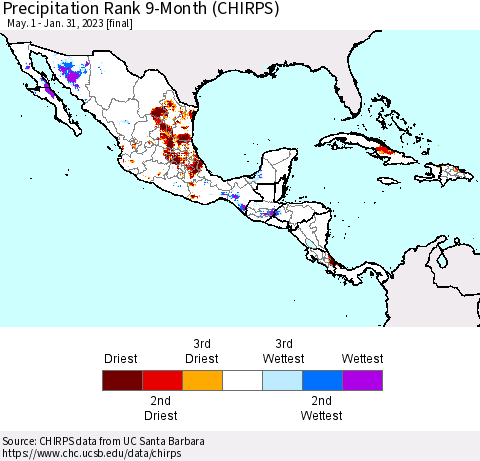 Mexico Central America and the Caribbean Precipitation Rank since 1981, 9-Month (CHIRPS) Thematic Map For 5/1/2022 - 1/31/2023